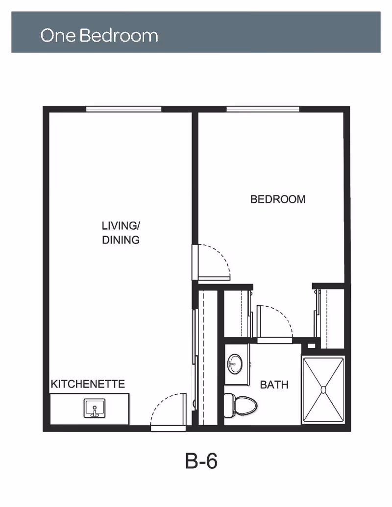 Floor plan layout of a one-bedroom unit labeled B-6, showing a living/dining area, kitchenette, bedroom, and bathroom with a shower, toilet, and sink.