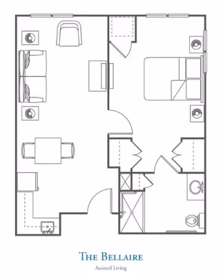 Black-and-white floor plan labeled 'The Bellaire' showing a one-bedroom assisted living apartment with a living area, kitchen, bedroom, bathroom, and closets.