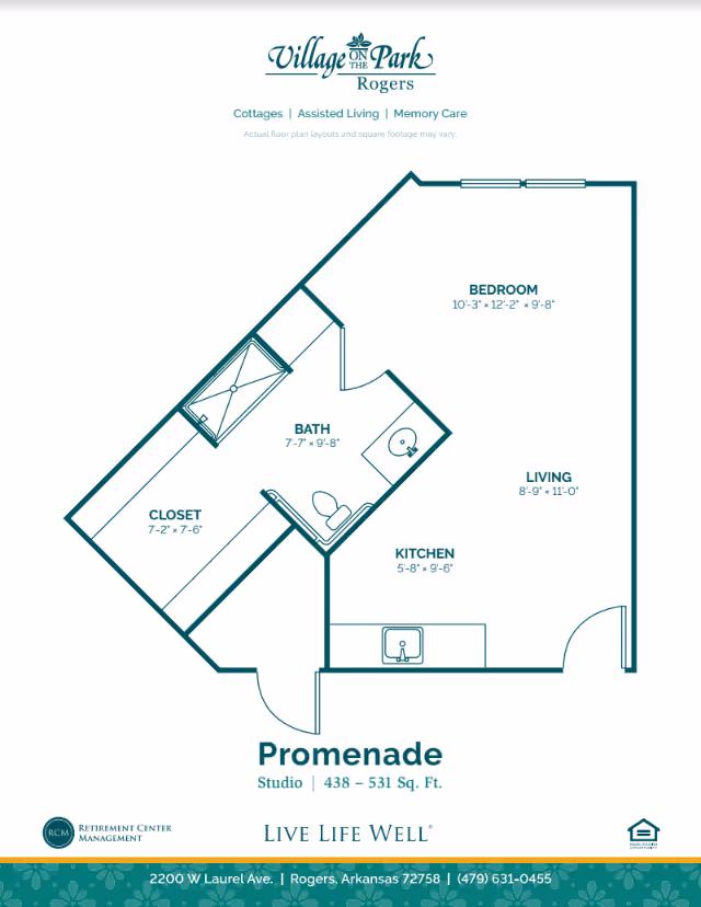 Floor plan for the Promenade studio at Village on the Park Rogers showing labeled bedroom, living area, kitchen, bath, and closet with dimensions.