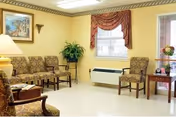 A well-lit nursing home common area with patterned upholstered chairs and a sofa arranged along the walls. There is a framed painting on the wall, a potted plant in the corner, a window with a decorative valance, and a small table with a flower arrangement near a glass door.