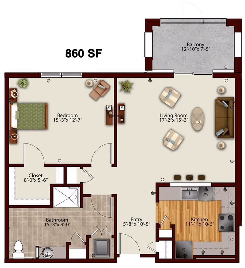 Floor plan of a one-bedroom apartment at Harmony at Hershey, showing a bedroom with a closet, a bathroom, an entry area, a kitchen with appliances, a living room with furniture, and a balcony.