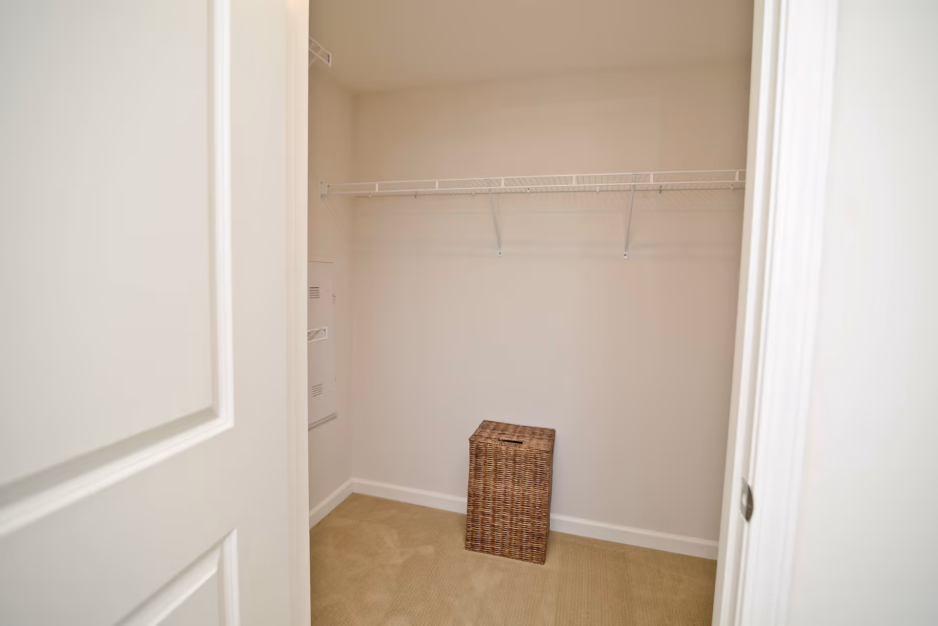 Empty walk-in closet with beige carpet, white walls, a white wire shelf mounted on the wall, and a brown woven laundry basket on the floor.