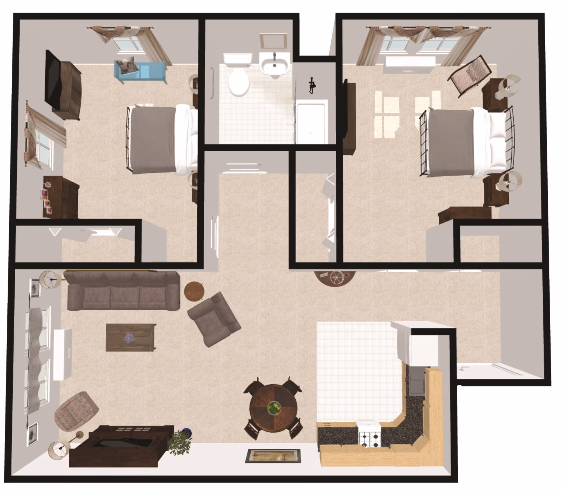 Top-down view of a two-bedroom apartment floor plan featuring a living room with sofa, armchair, coffee table, and TV, a kitchen with appliances and dining table, two bedrooms each with a bed and furniture, and a bathroom with a toilet, sink, and bathtub.