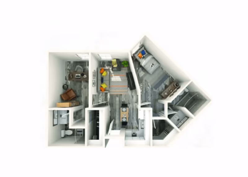 Top-down view of a one-bedroom apartment floor plan featuring a living room with a sofa and colorful pillows, a bedroom with a bed and side tables, a kitchen with appliances and a dining table, a bathroom with a toilet and shower, and a small office area with a desk and chair.