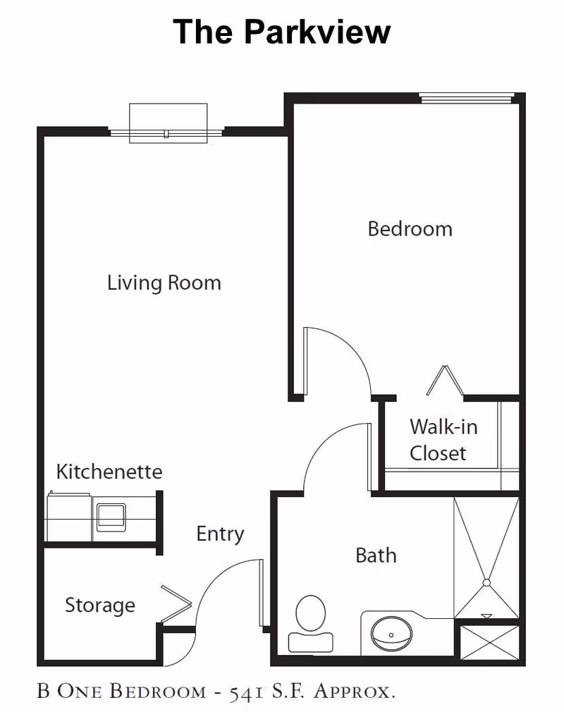 Black-and-white floor plan titled "The Parkview" of a one-bedroom apartment showing a living room, kitchenette, storage, entry, bedroom with walk-in closet, and bath.