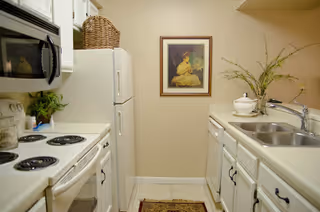 Small kitchen with white cabinets, a white refrigerator, a white stove with four burners, a microwave above the stove, a double sink with a faucet, a decorative plant in a vase, a white tureen, and a framed painting on the beige wall.