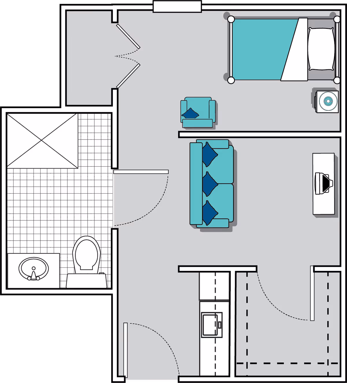 Floor plan of a senior living facility unit showing a bedroom with a bed and nightstand, a living area with a sofa, armchair, and TV stand, a bathroom with a sink, toilet, and shower, and a closet area near the entrance.