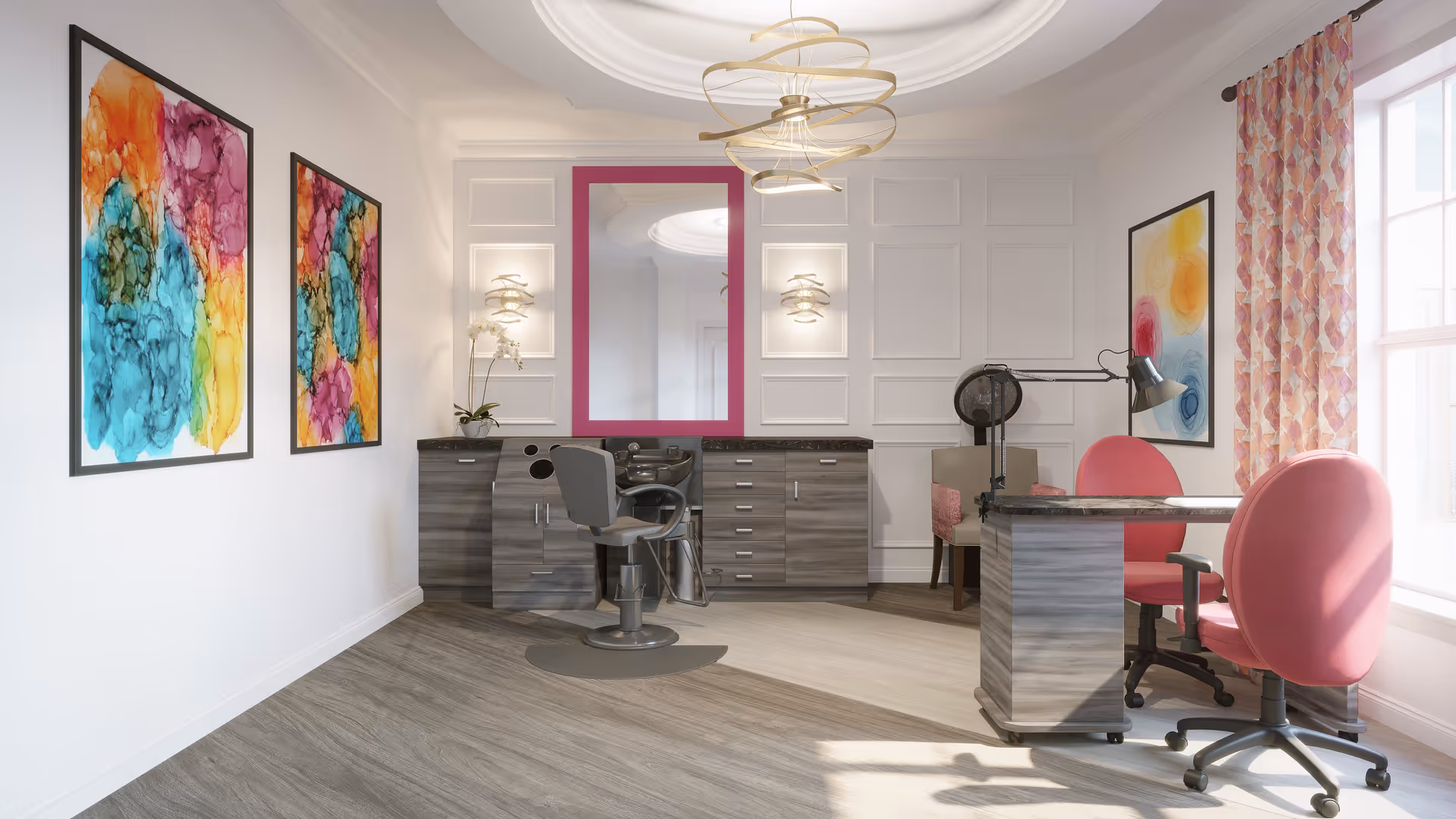 Bright salon-style interior with a styling chair and mirror, a manicure desk with pink chairs, colorful artwork, and a large window.