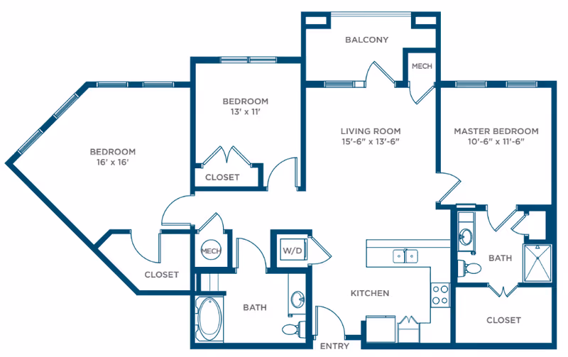 Architectural floor plan of a residential unit at Somerby Franklin showing three bedrooms, two bathrooms, a living room with balcony, kitchen, entry, closets, mechanical rooms, and washer/dryer area.