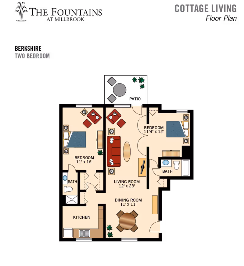 Floor plan diagram of a two-bedroom cottage showing labeled rooms (kitchen, dining room, living room, two bedrooms, two baths), furniture and room dimensions.