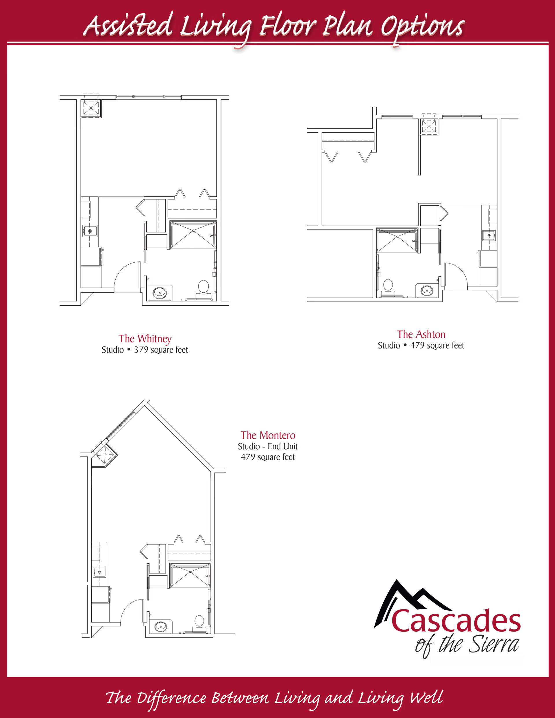 Assisted living floor plan options for Cascades of the Sierra showing three studio layouts named The Whitney (379 square feet), The Ashton (479 square feet), and The Montero (479 square feet, end unit). Each floor plan includes a bathroom, kitchen area, and living space.