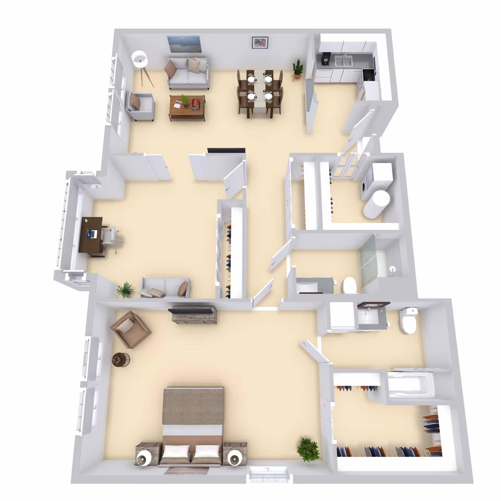 3D floor plan of an apartment featuring a bedroom with a bed, two nightstands, an armchair, and a TV. The living room has a sofa, armchair, coffee table, and a dining area with a table and six chairs. The kitchen includes cabinets, a sink, and appliances. There are two bathrooms, one with a bathtub and the other with a shower. Additional spaces include closets, a laundry area with a washer and dryer, and a small office area with a desk and chair.