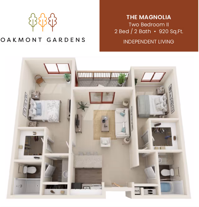 3D floor plan of The Magnolia apartment at Oakmont Gardens showing two bedrooms, two bathrooms, a living room with sofa and chair, kitchen with island and stools, and a balcony. The layout includes closets in each bedroom and bathrooms adjacent to each bedroom.