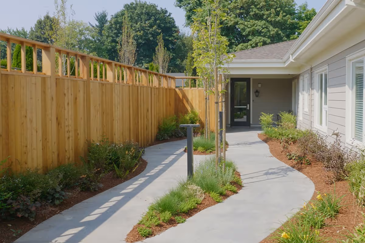 Curved concrete walkway lined with landscaping and a wooden fence leading to the entrance of a single-story building.