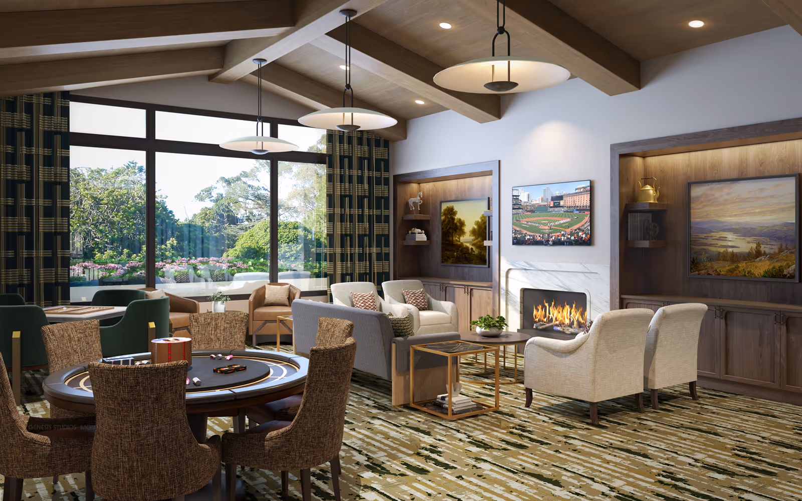 A bright furnished communal living room with seating around a fireplace, a game table, and large windows overlooking landscaped greenery.