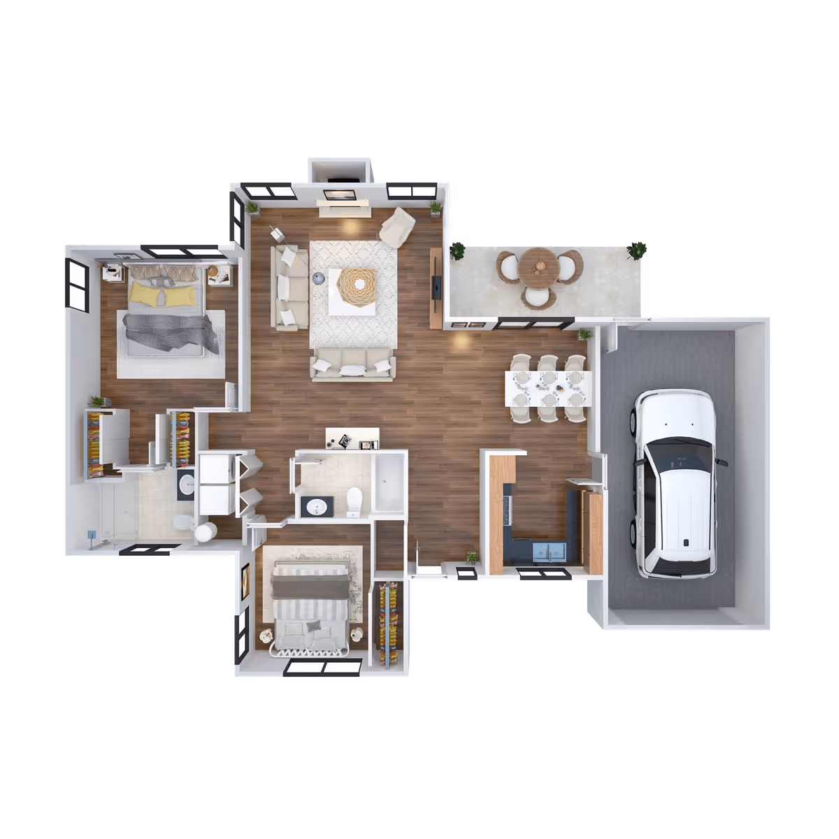 3D floor plan of a single-story home featuring two bedrooms, one bathroom, a living room with sofas and a chair, a dining area with a table and six chairs, a kitchen with appliances, a garage with a car, and an outdoor patio with a round table and four chairs.