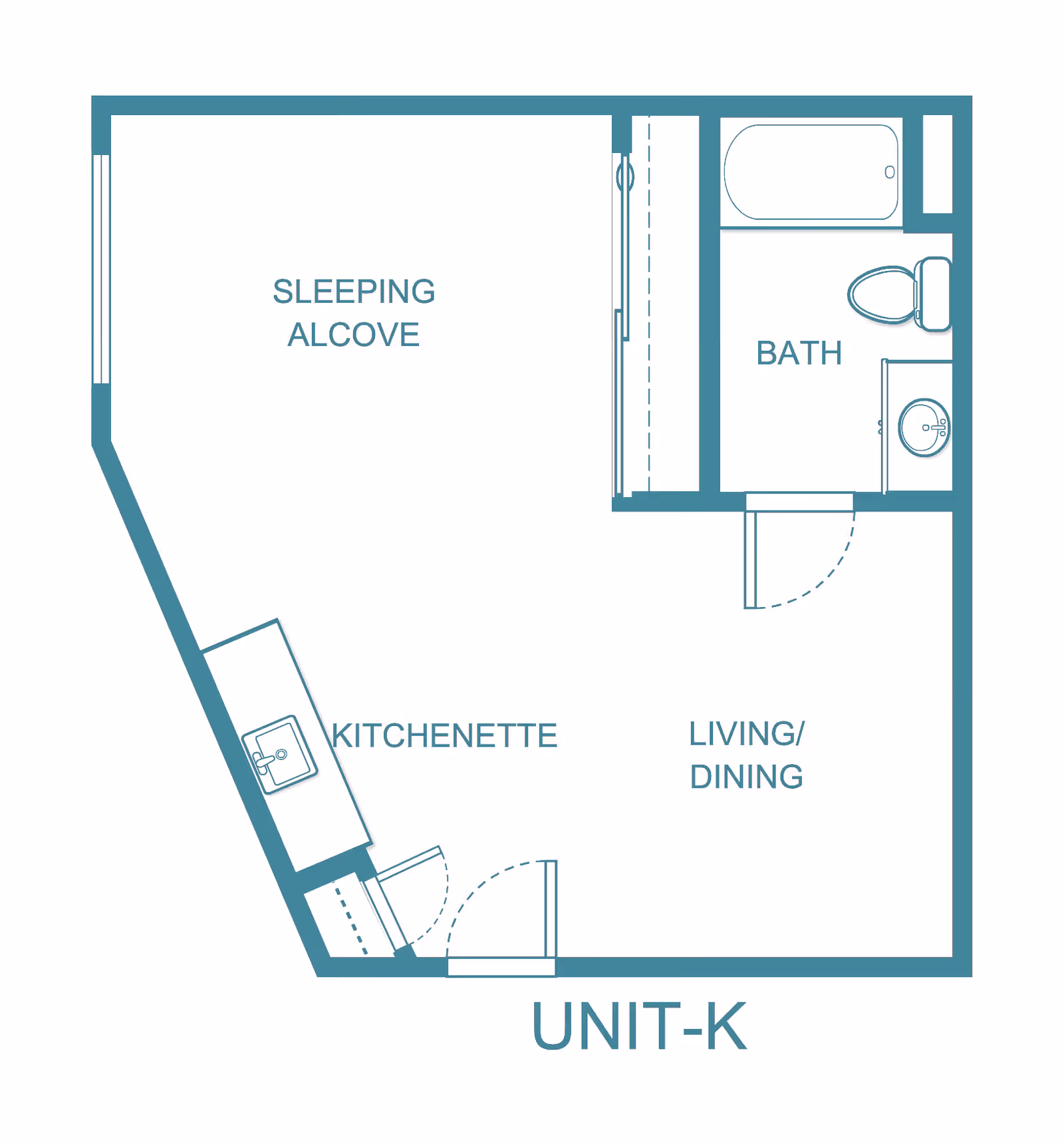 Floor plan layout of Unit-K at The Chateau de Boise, showing a sleeping alcove, kitchenette, living/dining area, and a bathroom with a bathtub, toilet, and sink.