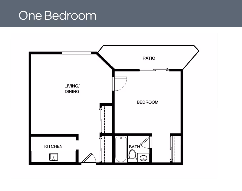 Black-and-white one-bedroom floor plan showing a bedroom, bath, kitchen, living/dining area and a patio.
