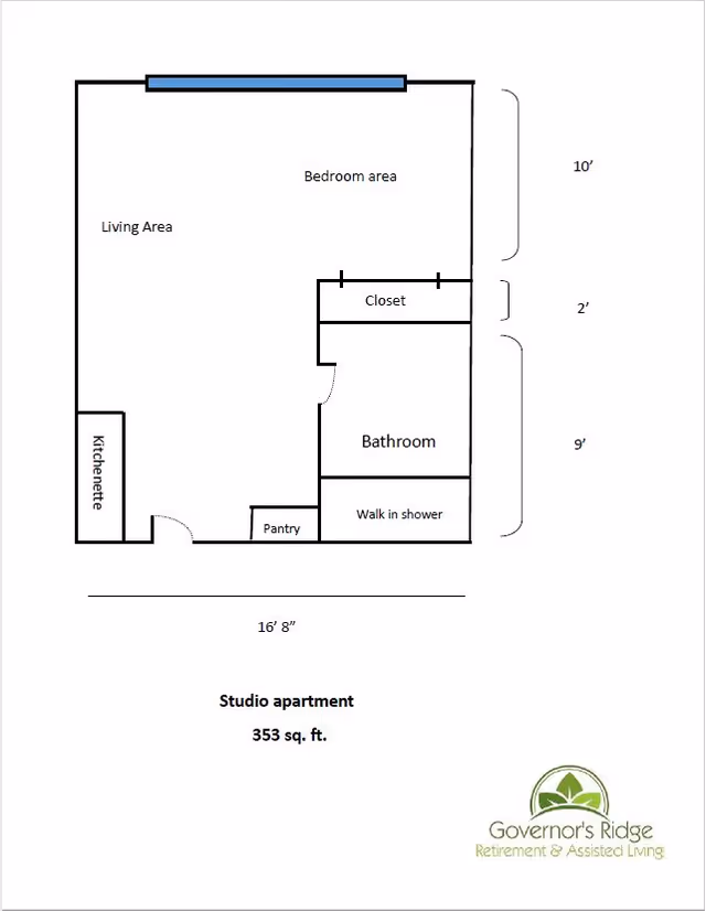 Floor plan of a studio apartment at Governor's Ridge Retirement and Assisted Living, showing a living area, bedroom area, kitchenette, pantry, closet, bathroom with walk-in shower, and dimensions totaling 353 square feet.