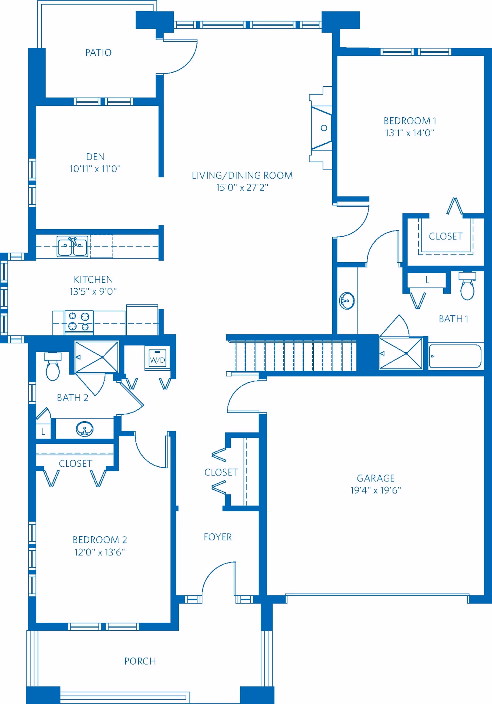 Architectural floor plan of a residential unit at Vi at Highlands Ranch showing a porch, foyer, two bedrooms with closets, two bathrooms, a kitchen, a den, a living/dining room, a patio, and a garage.