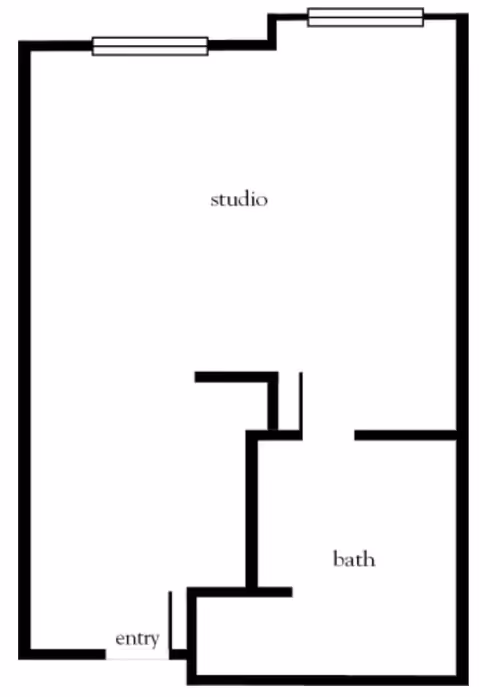 Floor plan layout of a studio apartment with an entry area and a separate bath room.