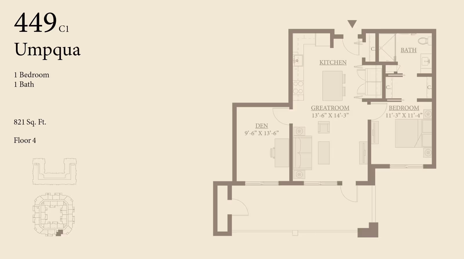 Floor plan of unit 449 C1 named Umpqua at The Springs at Happy Valley, showing a 1 bedroom, 1 bath layout with 821 square feet on floor 4. The plan includes a kitchen, great room, den, bedroom, and bathroom with dimensions.