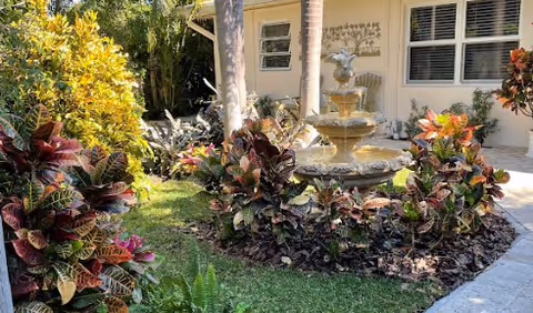 Landscaped courtyard with a three-tiered fountain surrounded by tropical plants and the exterior of a light-colored building.