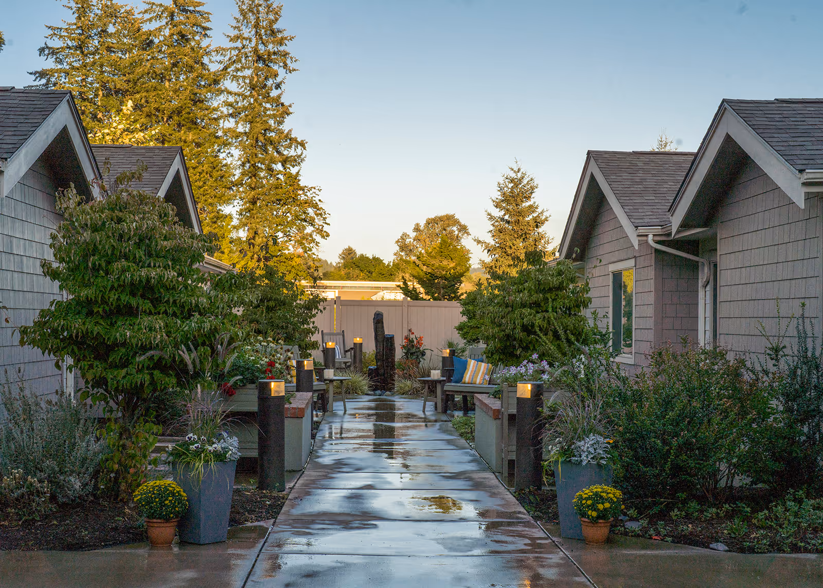 Outdoor walkway between two buildings with benches, potted plants, and small trees on either side. The path is wet, reflecting the surroundings, and there are tall trees and a clear sky in the background.