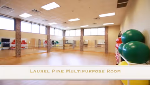 A spacious multipurpose room with wooden flooring, large mirrors on the walls, brick pillars, and exercise balls stacked on shelves in the corner. The room is well-lit with ceiling lights and natural light from high windows.