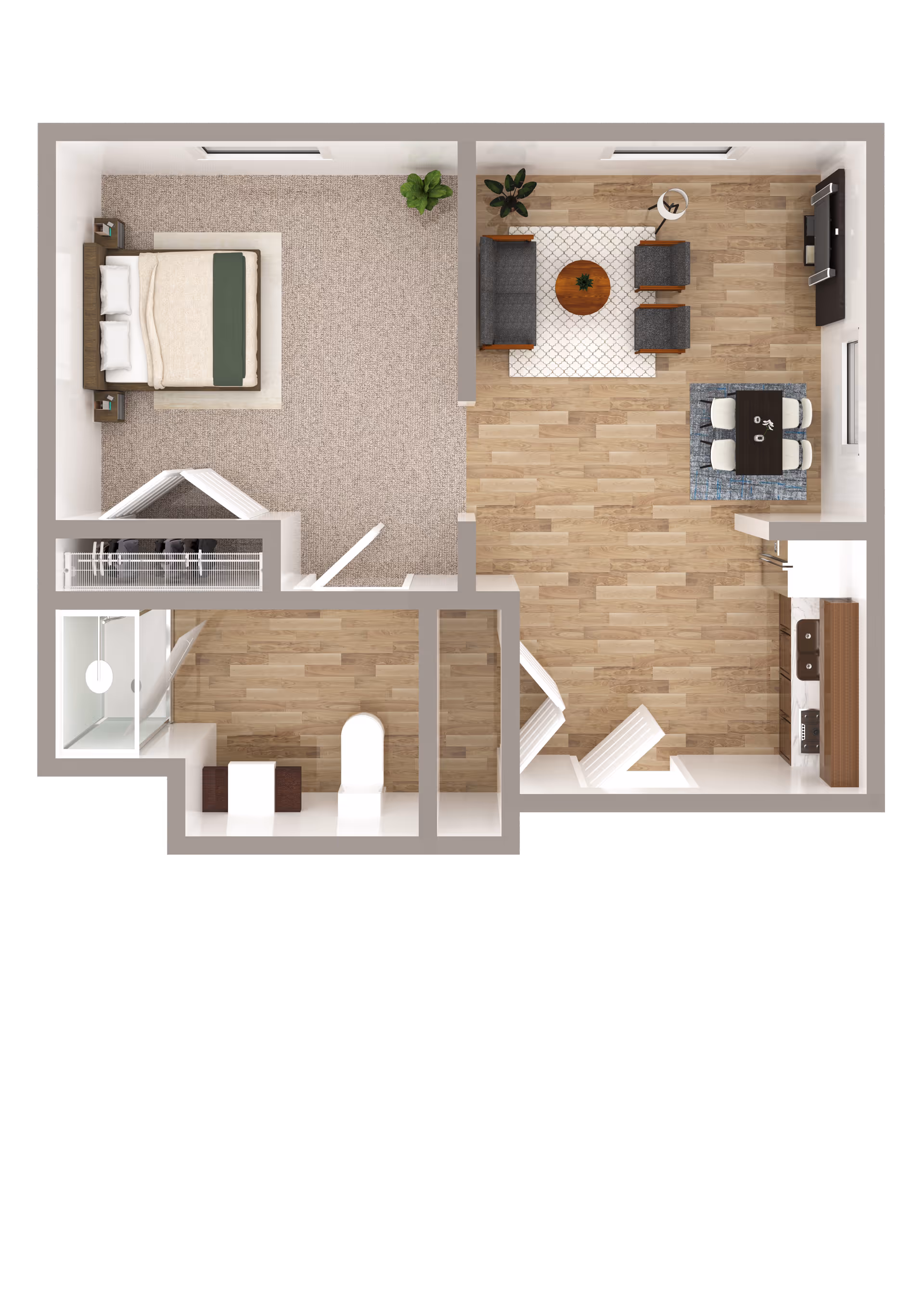 Top-down view of a one-bedroom apartment floor plan featuring a bedroom with a bed and nightstands, a living room with a sofa, two chairs, a coffee table, and a dining area with a table and four chairs. The kitchen area includes cabinetry and appliances, and there is a bathroom with a shower, toilet, and sink. The flooring is a mix of carpet in the bedroom and wood in the living and kitchen areas.