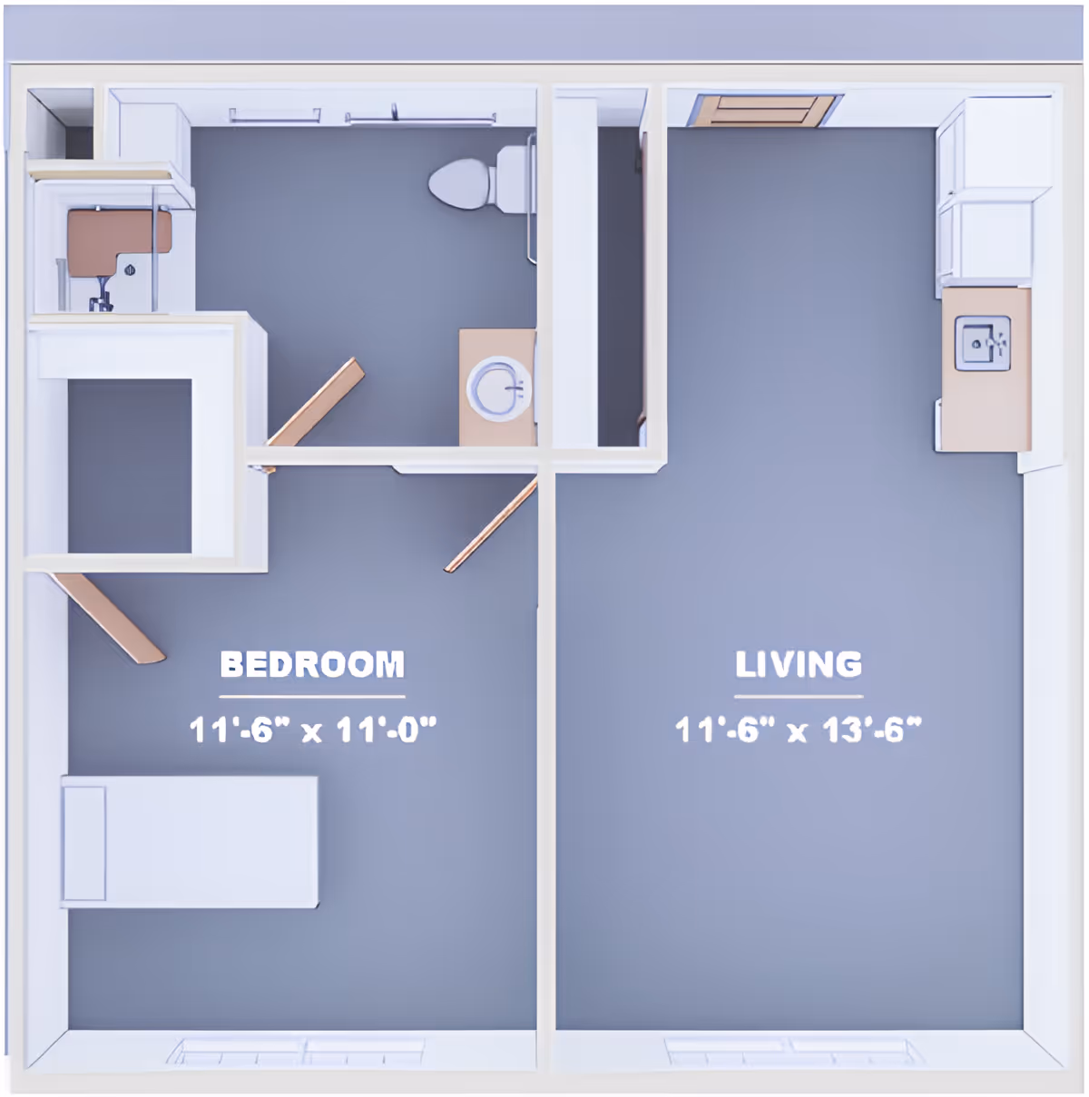Top-down rendered floor plan of a one-bedroom apartment showing labeled bedroom and living areas with dimensions, a bathroom, and a small kitchen.