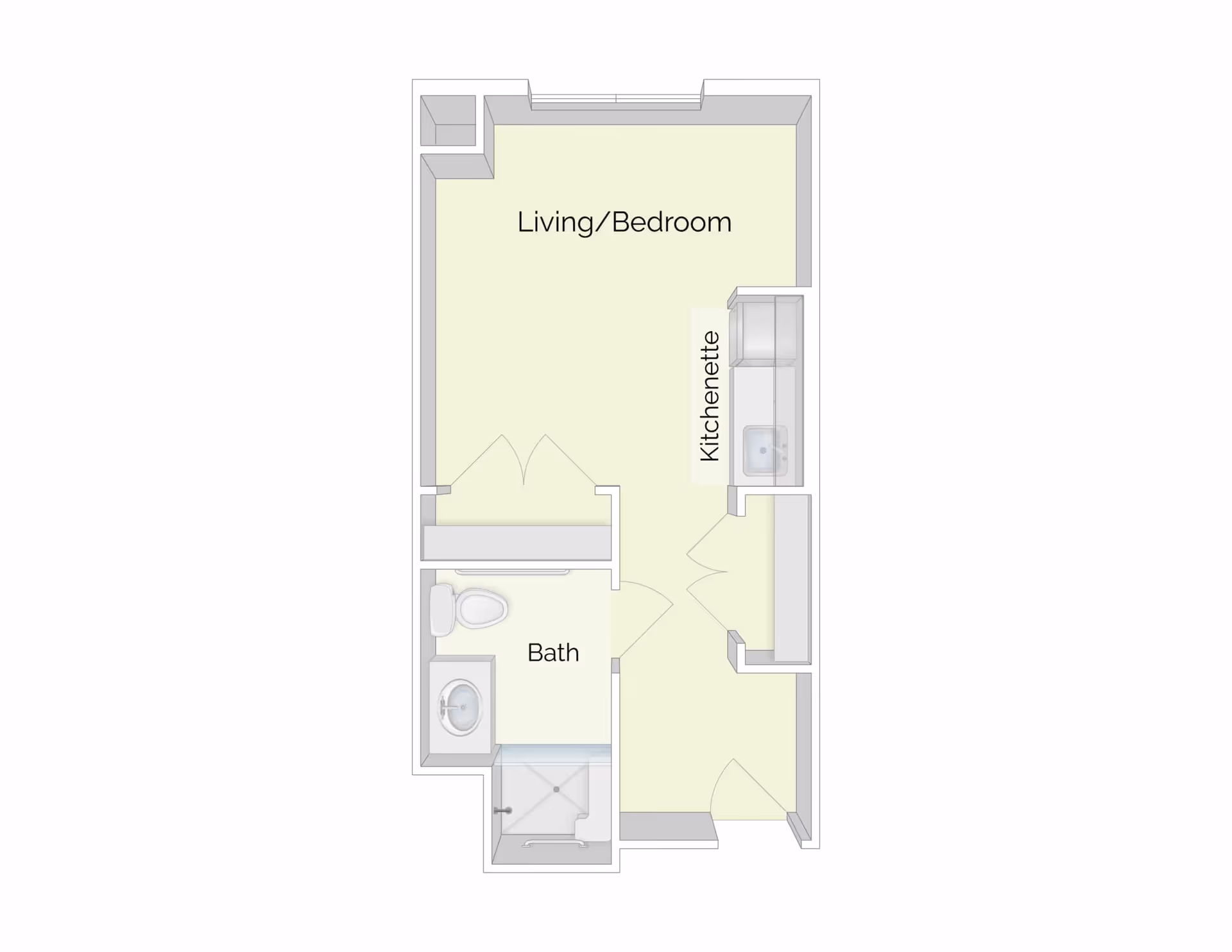 Floor plan of a small apartment unit showing a combined living and bedroom area, a kitchenette, and a bathroom with a toilet, sink, and shower.