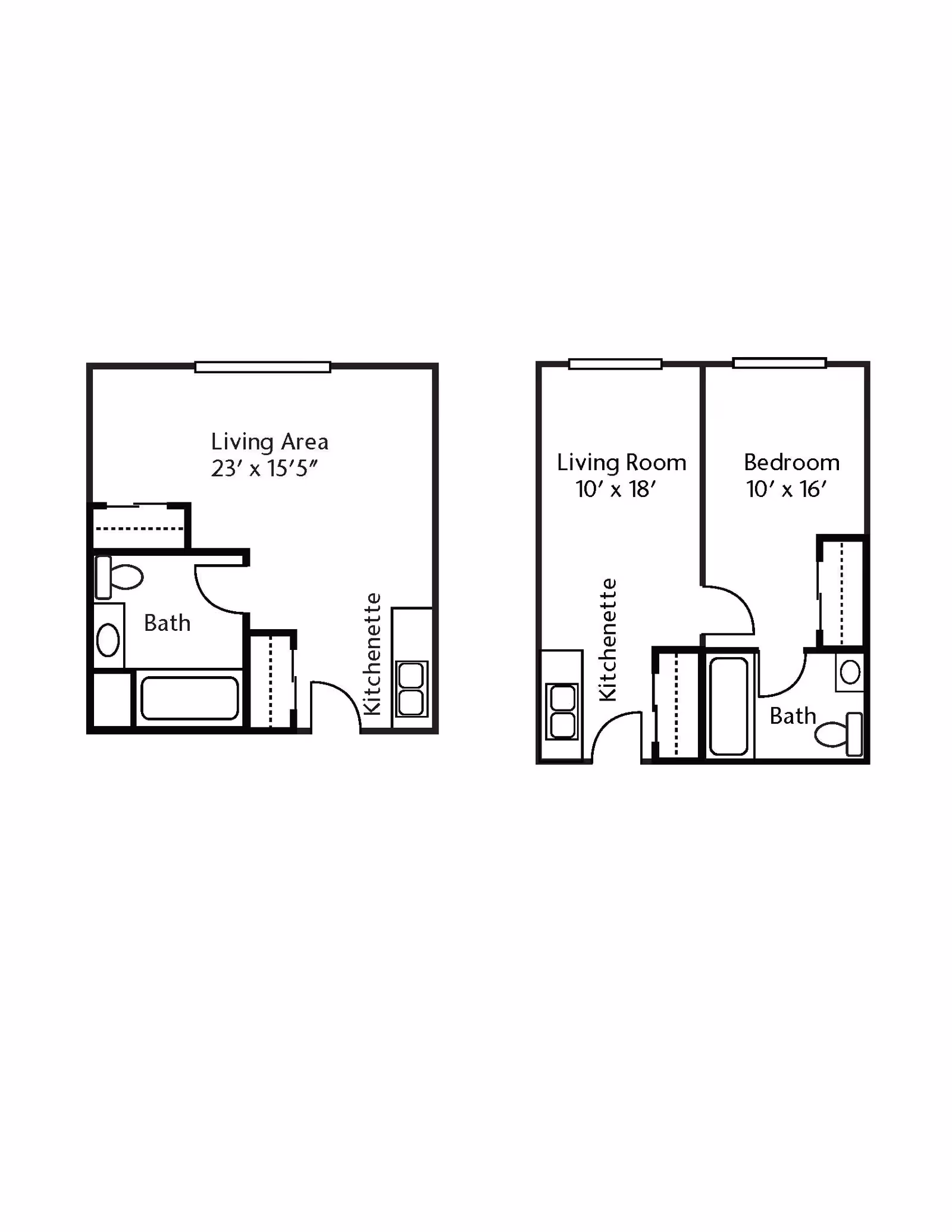 Two black and white architectural floor plans side by side. The left floor plan features a living area measuring 23 feet by 15 feet 5 inches, a bath, and a kitchenette. The right floor plan includes a living room measuring 10 feet by 18 feet, a bedroom measuring 10 feet by 16 feet, a bath, and a kitchenette.