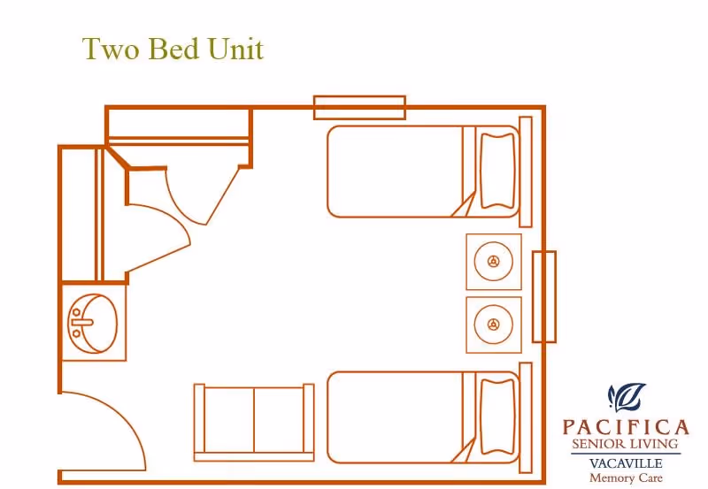 Floor plan of a two-bed unit showing two single beds, a small sink area, a chair, and a bathroom with a toilet and sink.