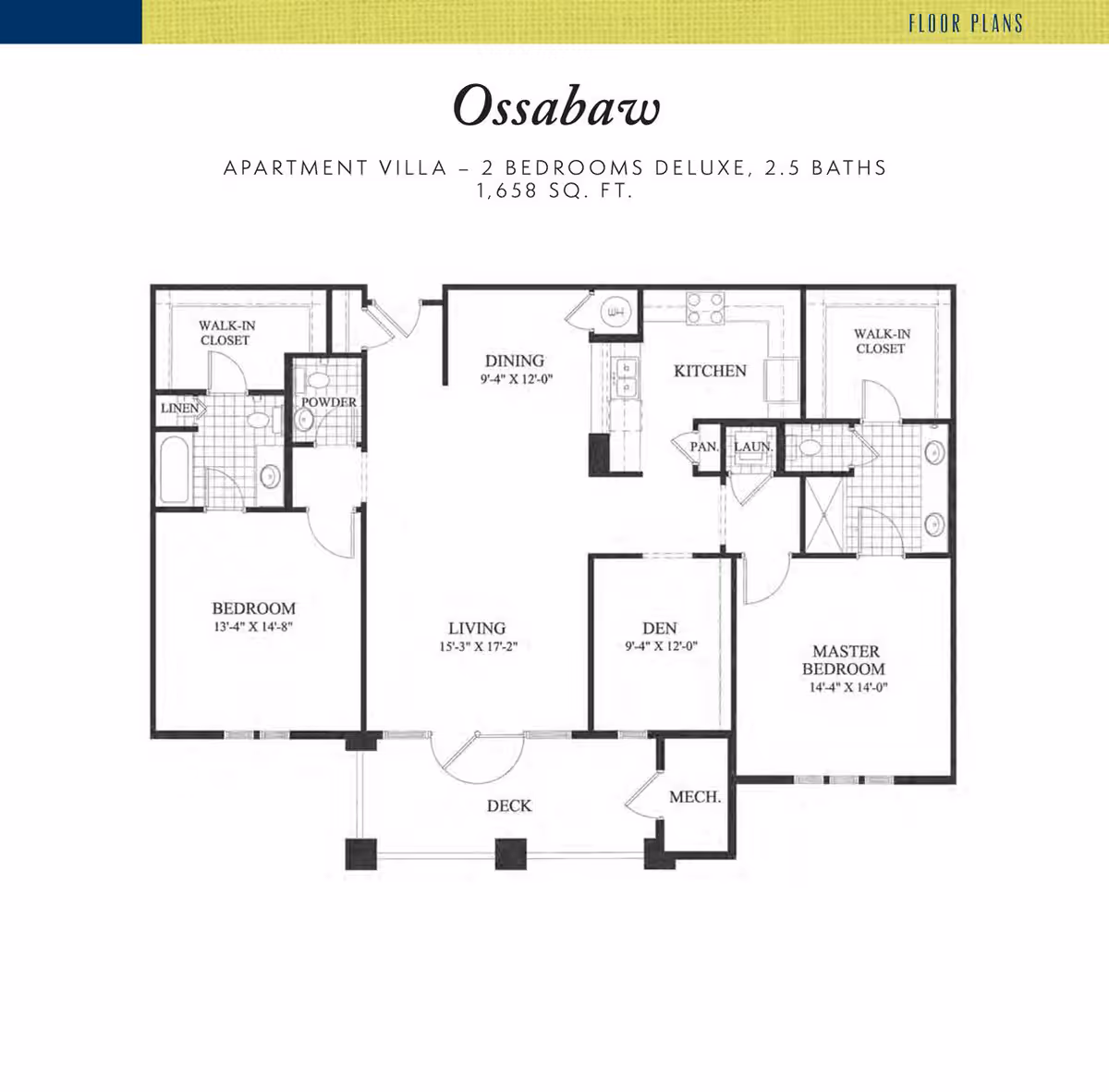 Floor plan of Ossabaw apartment villa at Marshes of Skidaway Island showing 2 bedrooms deluxe and 2.5 baths with total area of 1,658 square feet. Includes labeled rooms such as bedroom, master bedroom, living, dining, kitchen, den, deck, walk-in closets, powder room, linen closet, pantry, laundry, and mechanical room.