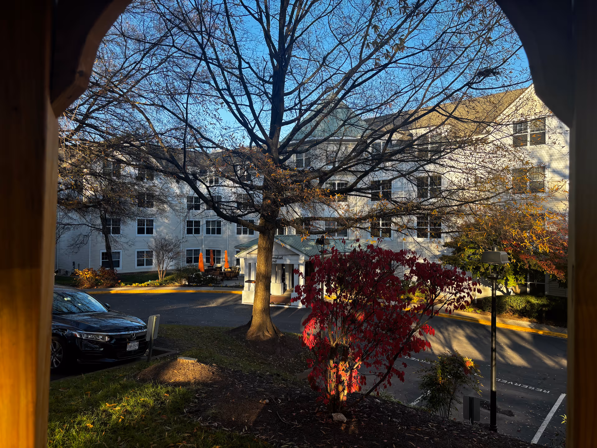 View of the exterior of a senior living facility building with multiple windows, a large tree with bare branches, a smaller tree with red leaves, a black car parked on the left, and a driveway with a covered entrance. The sky is clear and blue.