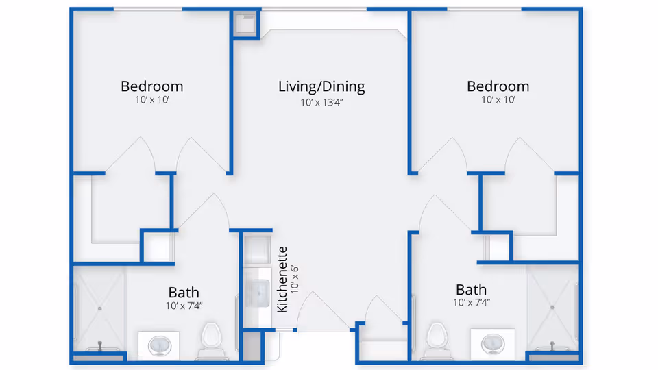 Floor plan of a residential unit at Middlebrook Farms at Trumbull showing two bedrooms, two bathrooms, a living/dining area, and a kitchenette. Each bedroom measures 10 feet by 10 feet, the living/dining area is 10 feet by 13 feet 4 inches, each bathroom is 10 feet by 7 feet 4 inches, and the kitchenette is 10 feet by 6 feet.