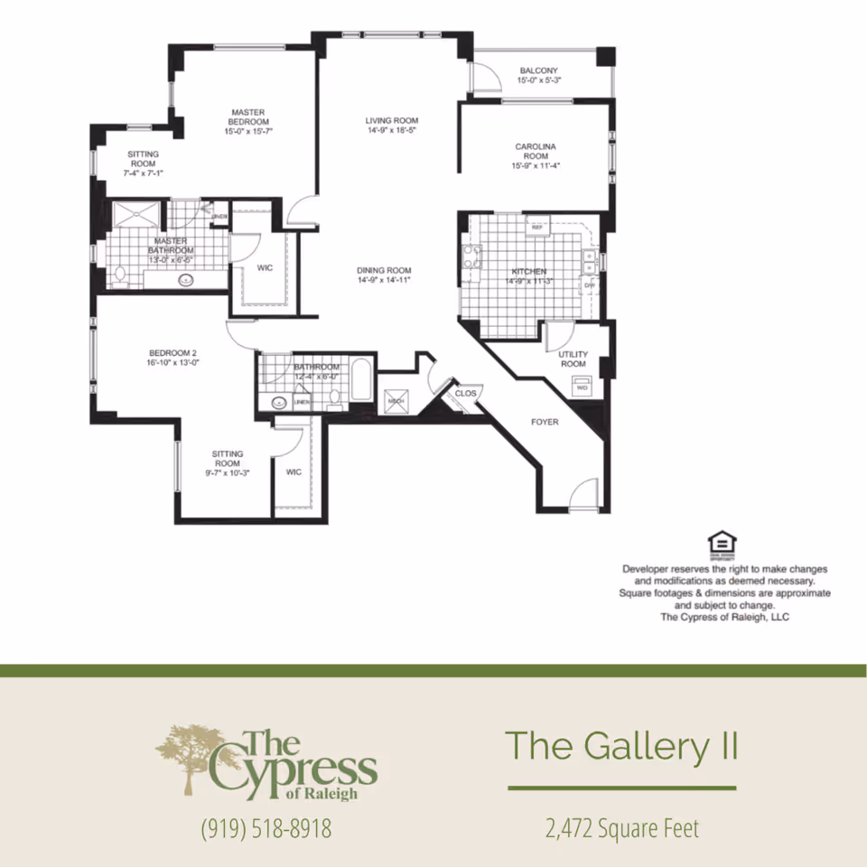 Black-and-white floor plan titled "The Gallery II" for The Cypress of Raleigh showing labeled rooms (living room, kitchen, bedrooms), a balcony and dimensions.
