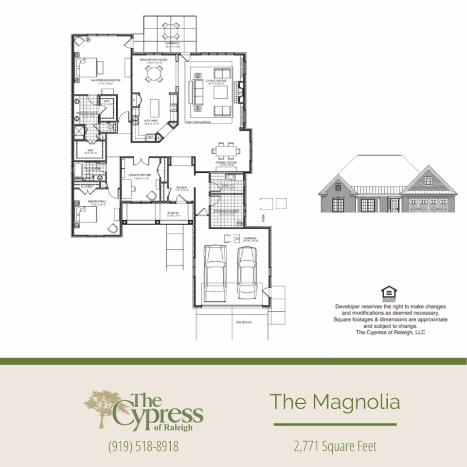 Floor plan and front-elevation rendering for 'The Magnolia' model with The Cypress of Raleigh branding and square-footage details.