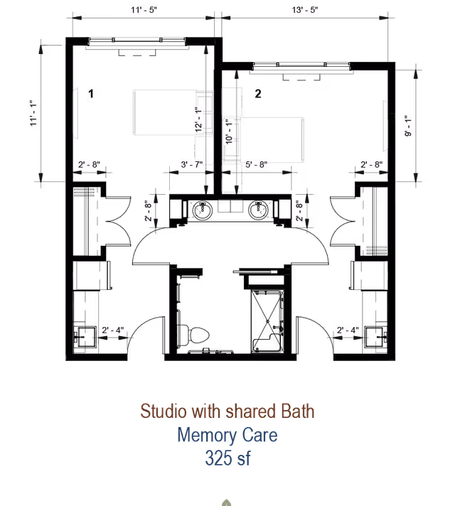 Architectural floor plan of a studio apartment with a shared bath in a memory care facility, showing dimensions and layout of rooms and furniture.