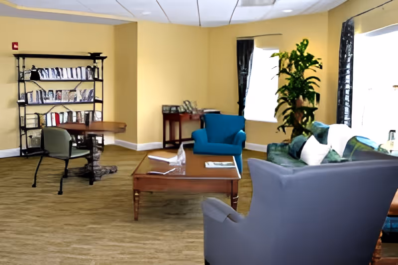 A bright lounge with armchairs, a sofa, a coffee table, a bookshelf and a potted plant against yellow walls.