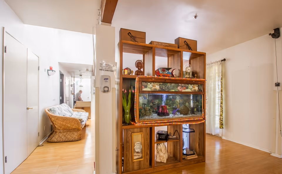 Interior view of a senior living facility showing a wooden shelving unit with a large fish tank decorated with colorful lights. The shelving unit also holds various decorative items including plants, sculptures, and framed pictures. To the left, there is a wicker loveseat with a floral cushion, and a hallway leading to another room where a person is seated. The room has light-colored walls and wooden flooring with a window covered by a curtain on the right side.
