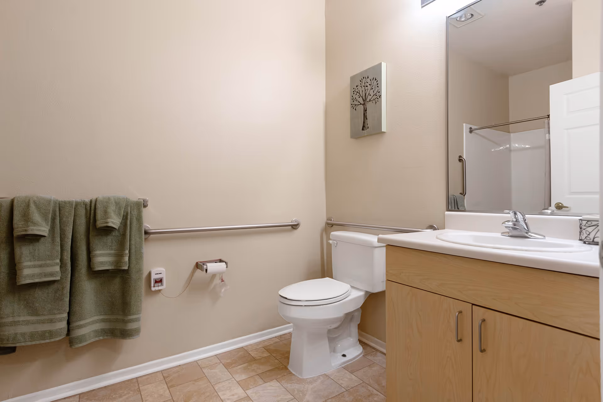 A clean bathroom with beige walls and tiled floor. There is a white toilet with grab bars on the walls around it, a wooden vanity with a white sink and faucet, a large mirror above the sink, and three green towels hanging on a towel rack. A small piece of wall art featuring a tree is mounted above the toilet.