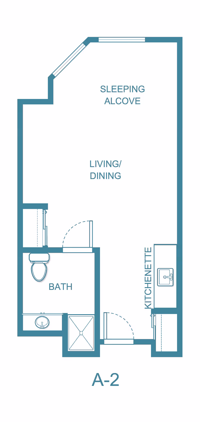 Floor plan layout labeled A-2 showing a sleeping alcove, living/dining area, bath with toilet, sink, and shower, and a kitchenette with a sink.