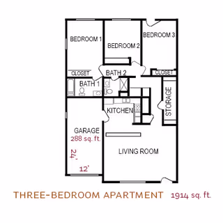 Floor plan of a three-bedroom apartment showing the layout with three bedrooms, two bathrooms, a kitchen, a living room, a garage, and a storage area. Dimensions for the garage are 24 by 12 feet, and the total area is 1914 square feet.
