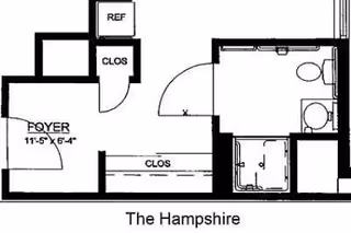 Black-and-white floor plan titled "The Hampshire" showing a foyer, closets, a bathroom with toilet and sink, and a small kitchen/ref area.