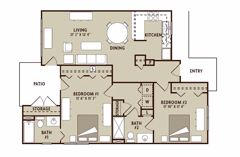 Floor plan of a two-bedroom apartment featuring a living room, dining area, kitchen, two bathrooms, storage spaces, and a patio. Bedroom #1 measures 11'6" x 15'2" and Bedroom #2 measures 11'10" x 11'4". The living room is 21'2" x 12'4". The layout includes an entryway, washer and dryer area, and closets in both bedrooms.
