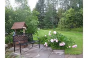 A small paved patio with a metal bench beside pink flowering bushes and a background of green trees and lawn.