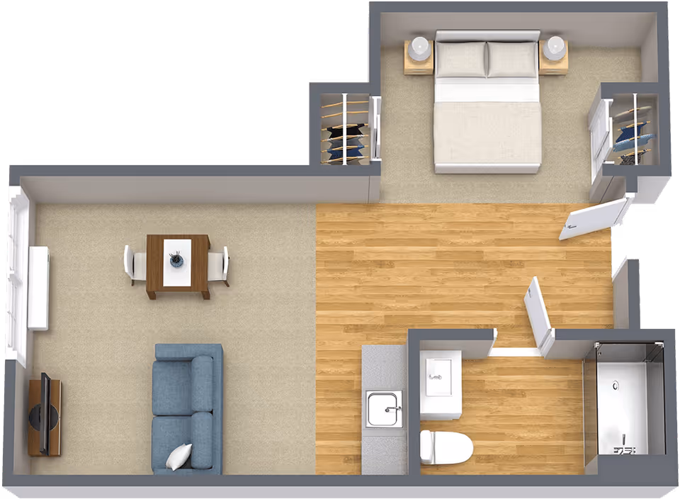 3D floor plan of a senior living apartment showing a bedroom with a bed and two closets, a living room with a sofa, TV, and dining table with two chairs, and a bathroom with a sink, toilet, and shower. The flooring is a mix of carpet and wood.