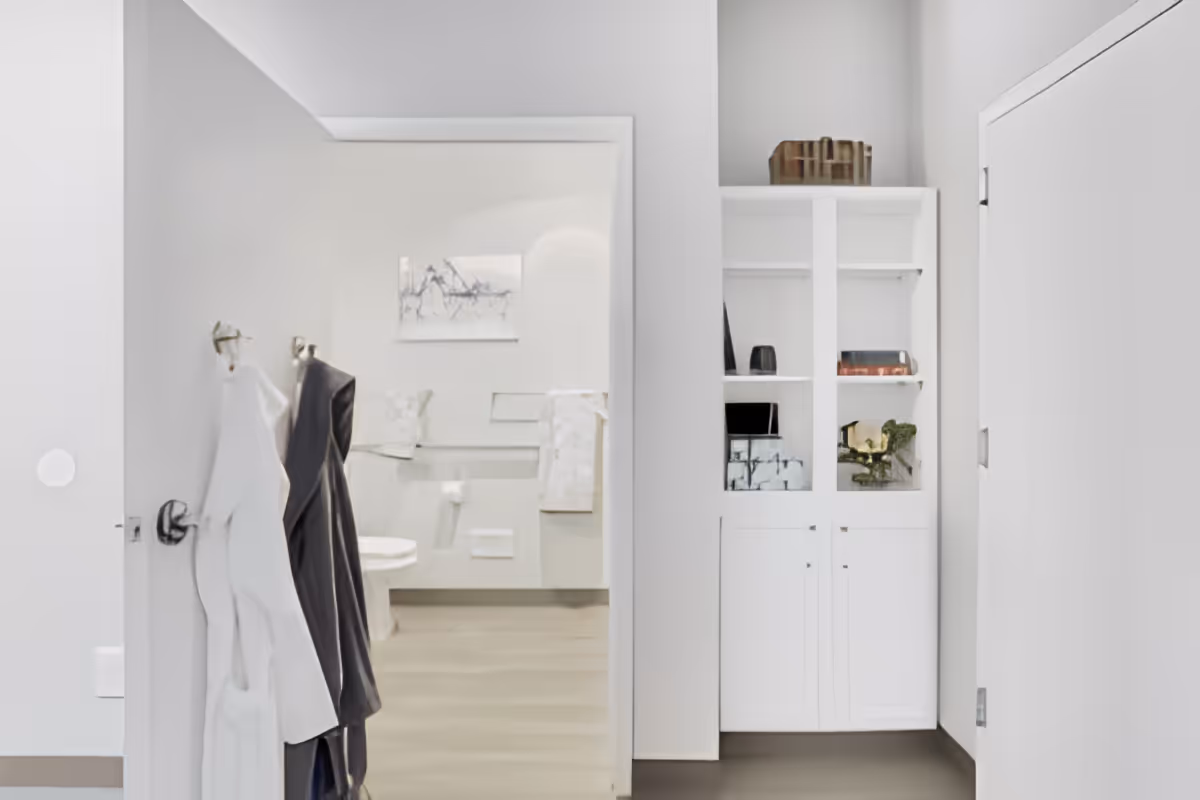 View into a modern bathroom from an adjacent room, showing a toilet, towel racks with towels, and a piece of abstract wall art. The adjacent room has white built-in shelving with decorative items and a closed door.
